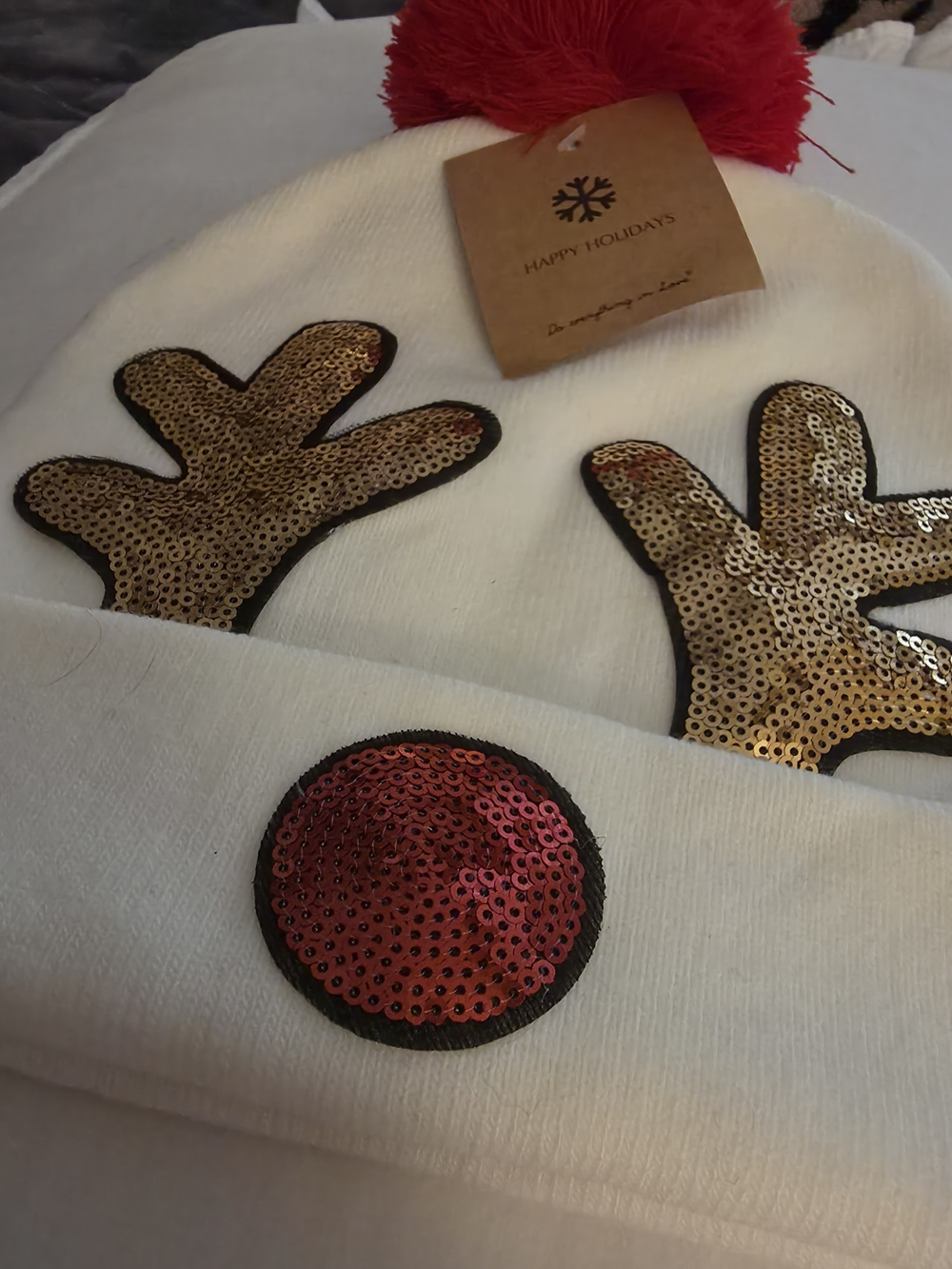White Holiday Beanie with Sequin Reindeer Nose & Antlers NWT
